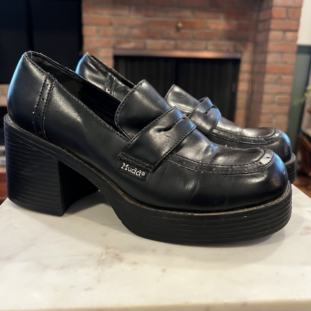 Vintage Mudd Y2K Black Chunky Block Heel Platform Loafer Shoes Size 8 90's RARE